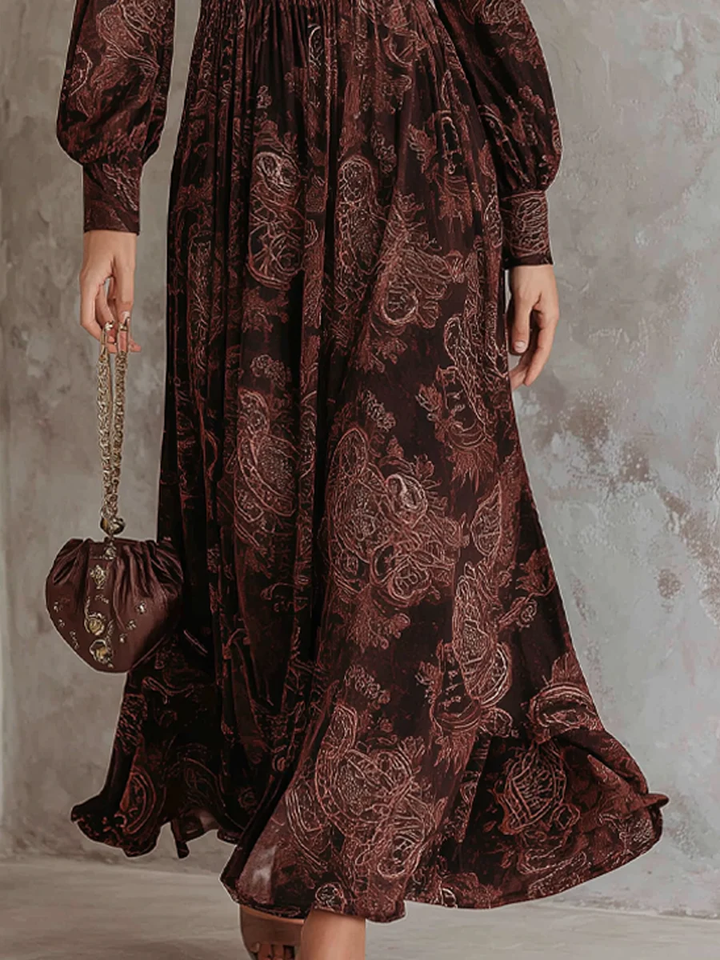 Abito Maxi con Zip in Stile Paisley Marrone