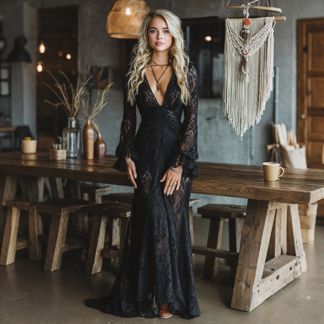 Abito Maxi Nero in Pizzo Gotico con Maniche a Campana e Scollo a V