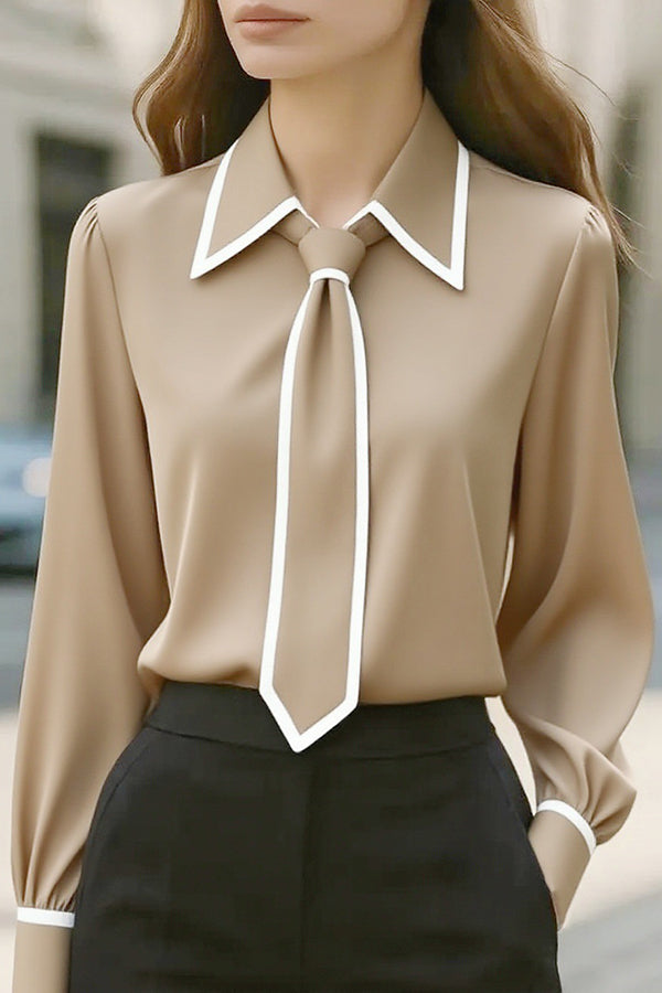 Camicia Casual a Maniche Lunghe con Cravatta a Contrasto