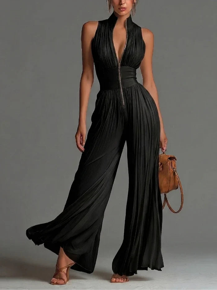 Mono Nero Mercedes senza Maniche in Chiffon con Scollatura a V, Pieghe, Zip e Gamba Larga