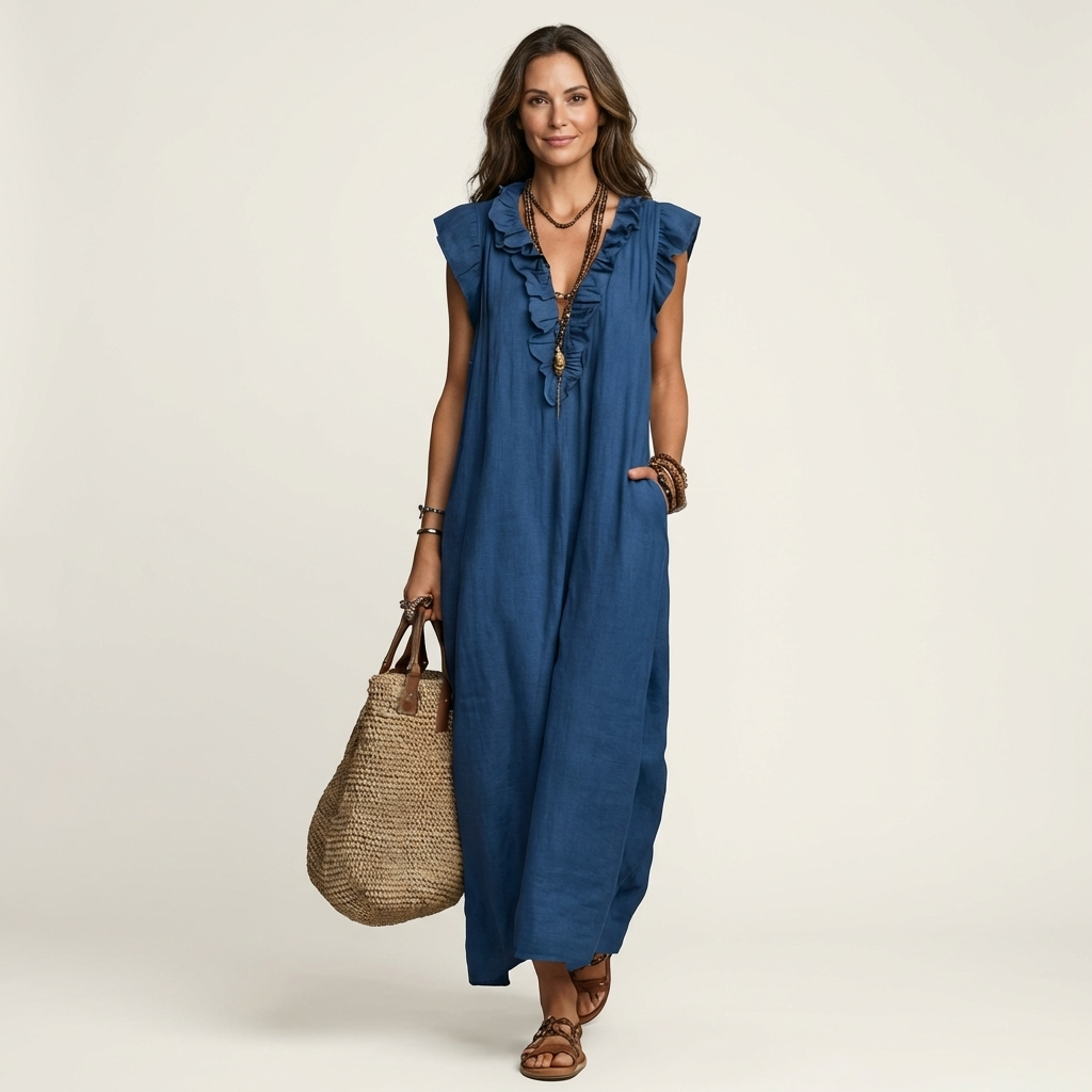 Josette | Abito Maxi con Rouches e Scollo a V