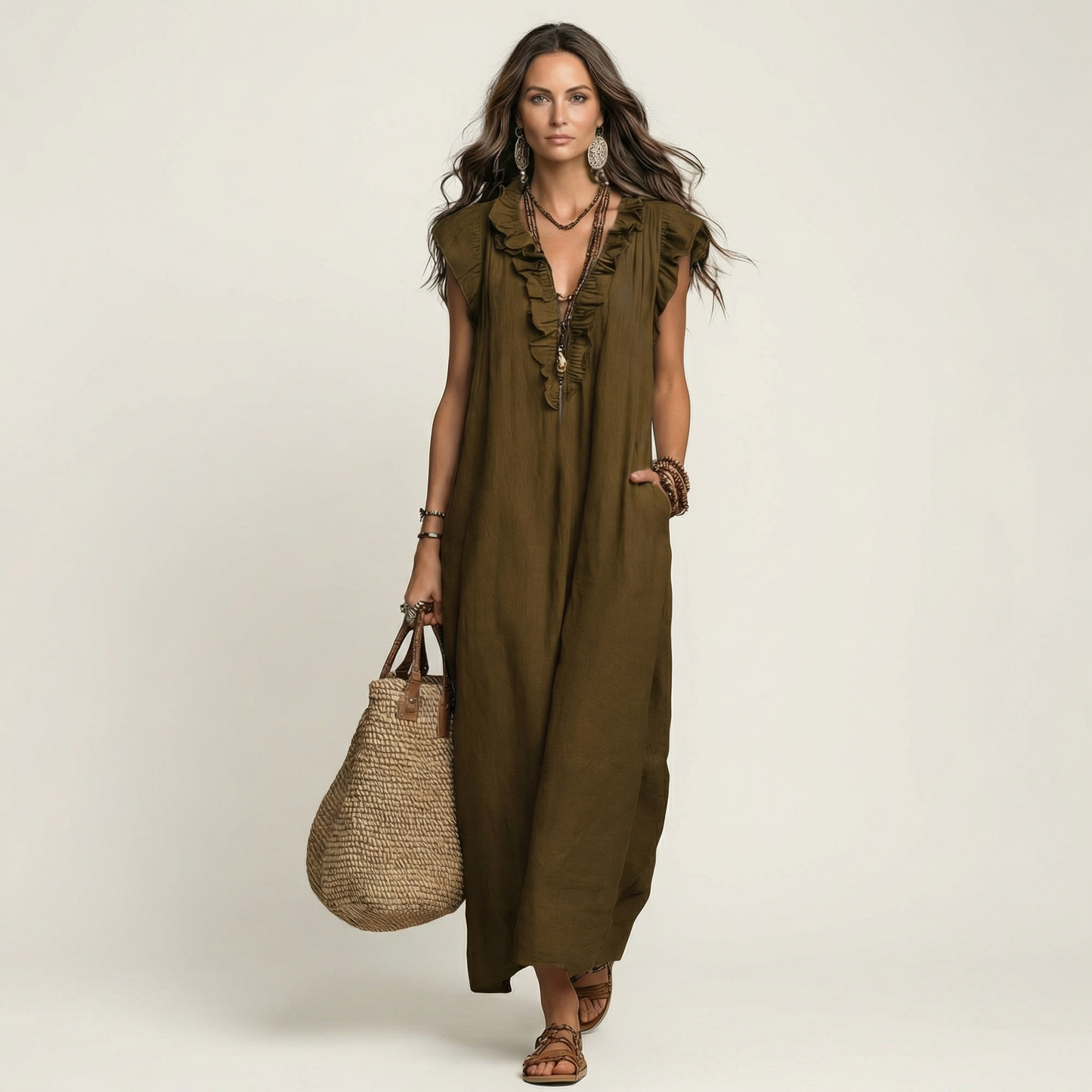 Josette | Abito Maxi con Rouches e Scollo a V