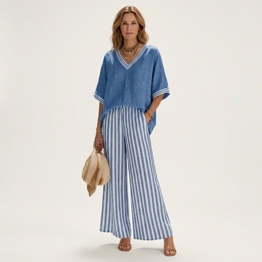 Juliana | Top Varsity a V e Set Pantaloni a Gamba Larga a Strisce