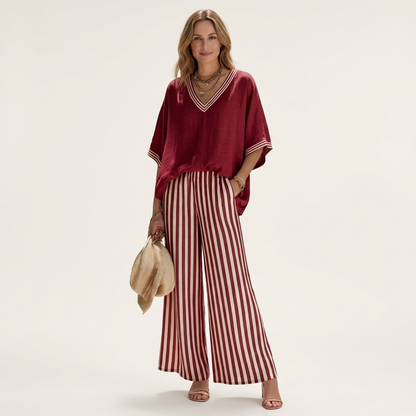 Juliana | Top Varsity a V e Set Pantaloni a Gamba Larga a Strisce
