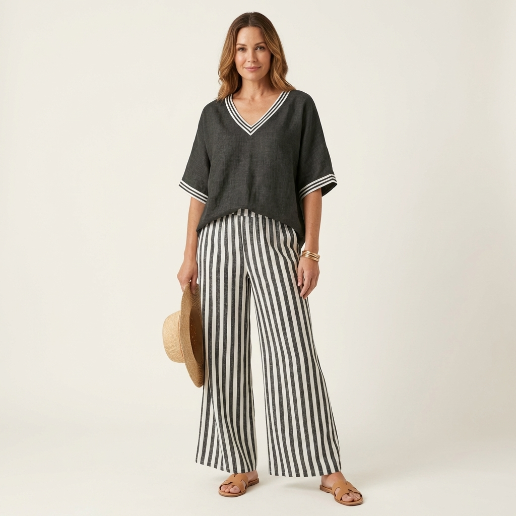 Juliana | Top Varsity a V e Set Pantaloni a Gamba Larga a Strisce