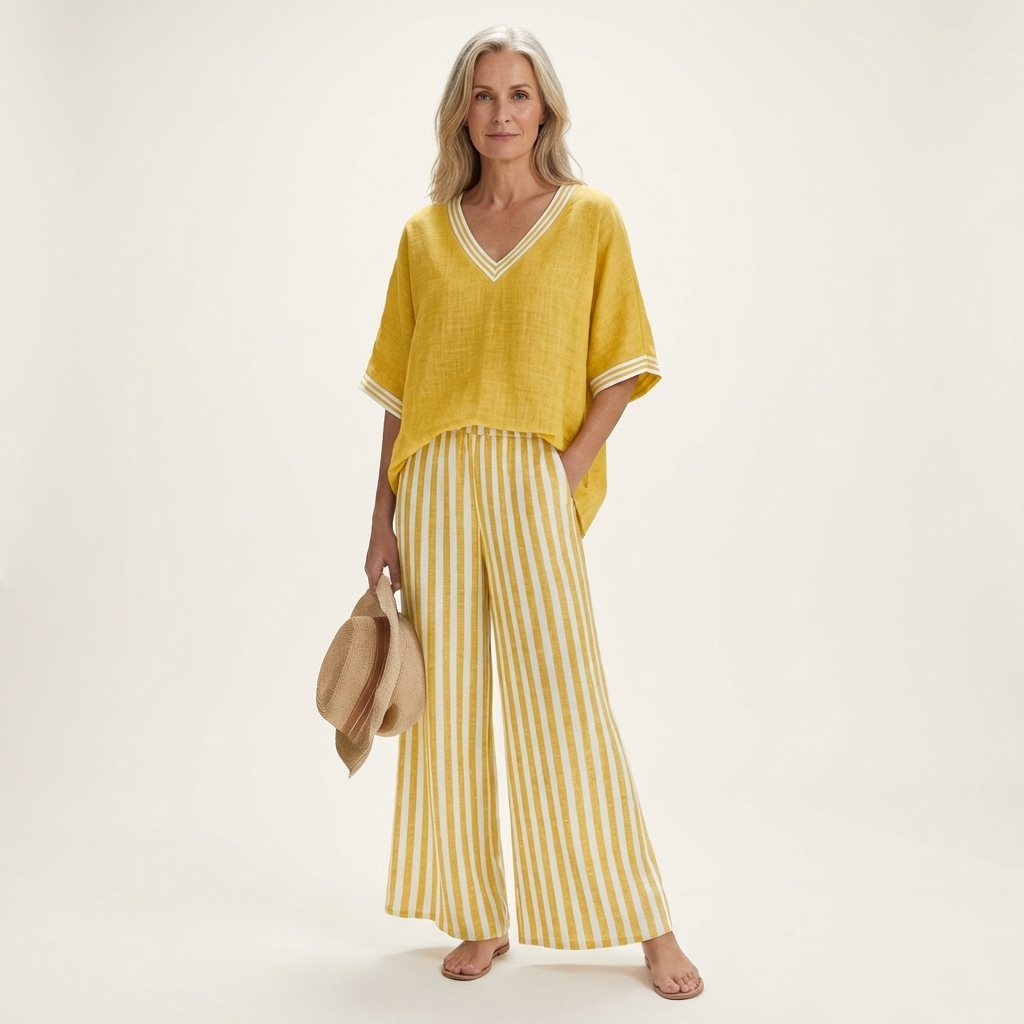 Juliana | Top Varsity a V e Set Pantaloni a Gamba Larga a Strisce