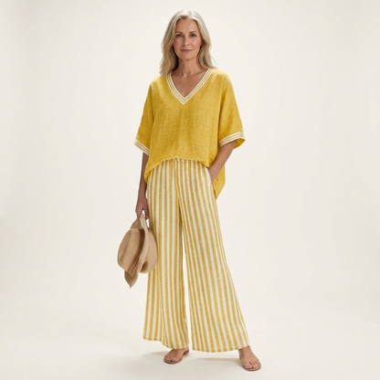 Juliana | Top Varsity a V e Set Pantaloni a Gamba Larga a Strisce