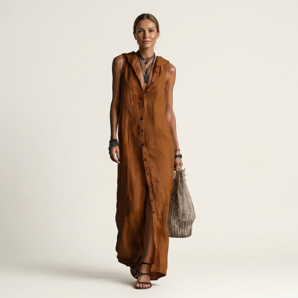 Mirabell | Abito Maxi Senza Maniche con Cappuccio e Bottoni