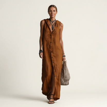 Mirabell | Abito Maxi Senza Maniche con Cappuccio e Bottoni