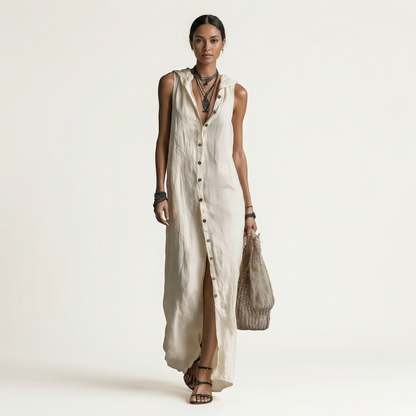 Mirabell | Abito Maxi Senza Maniche con Cappuccio e Bottoni