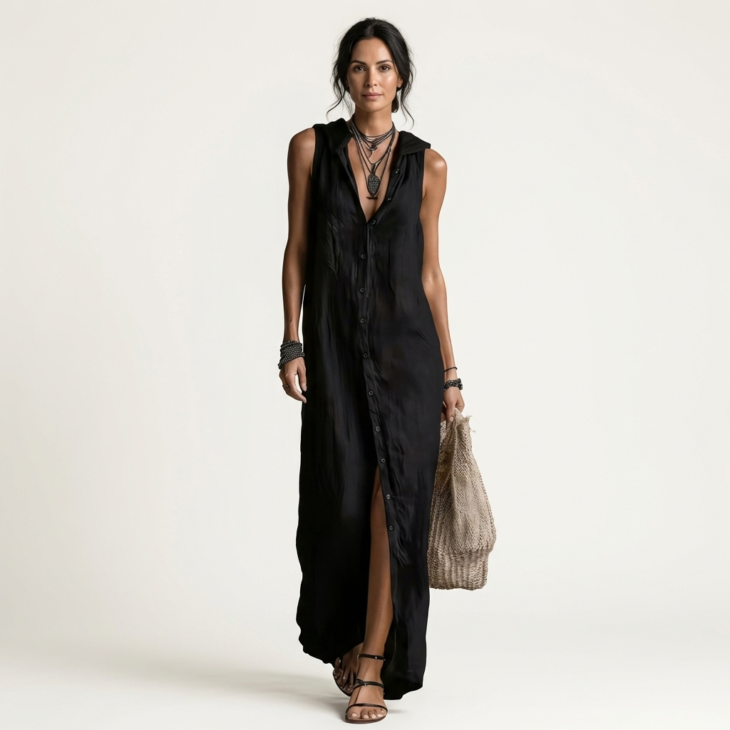 Mirabell | Abito Maxi Senza Maniche con Cappuccio e Bottoni