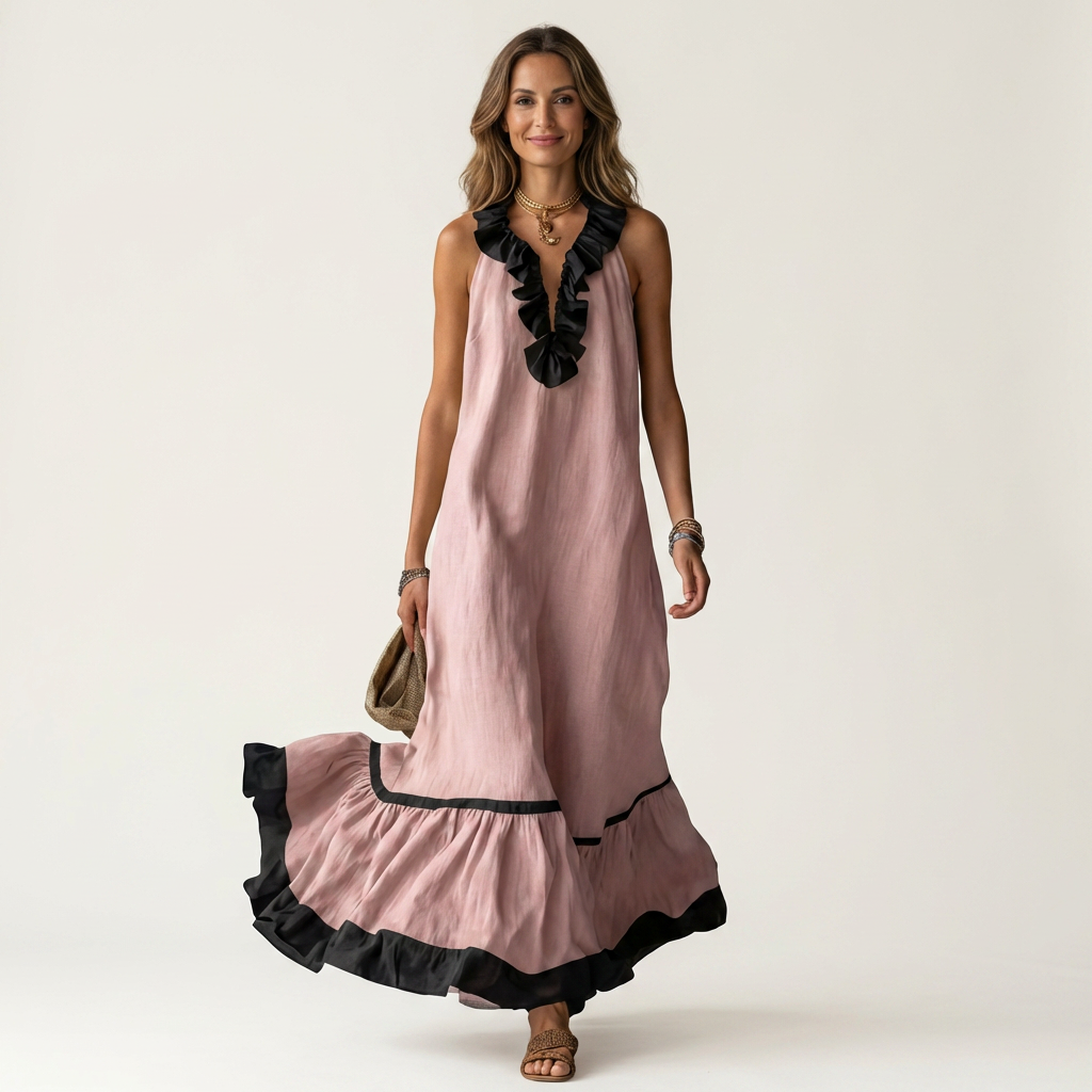 Mayline | Abito Maxi Senza Maniche con Rouches e Bordo a Contrasto