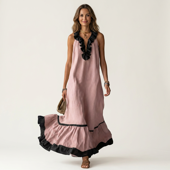 Mayline | Abito Maxi Senza Maniche con Rouches e Bordo a Contrasto