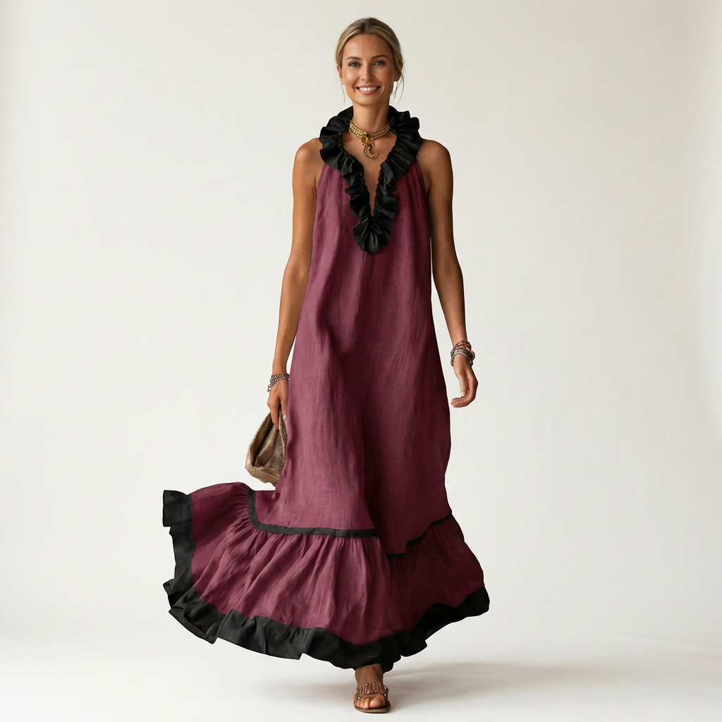 Mayline | Abito Maxi Senza Maniche con Rouches e Bordo a Contrasto