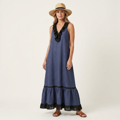 Mayline | Abito Maxi Senza Maniche con Rouches e Bordo a Contrasto