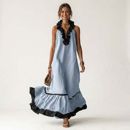 Mayline | Abito Maxi Senza Maniche con Rouches e Bordo a Contrasto