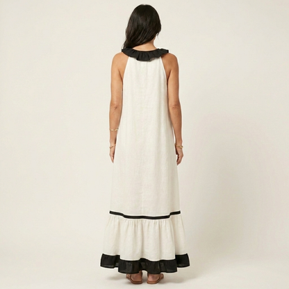 Mayline | Abito Maxi Senza Maniche con Rouches e Bordo a Contrasto
