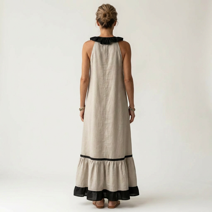 Mayline | Abito Maxi Senza Maniche con Rouches e Bordo a Contrasto