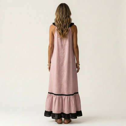 Mayline | Abito Maxi Senza Maniche con Rouches e Bordo a Contrasto