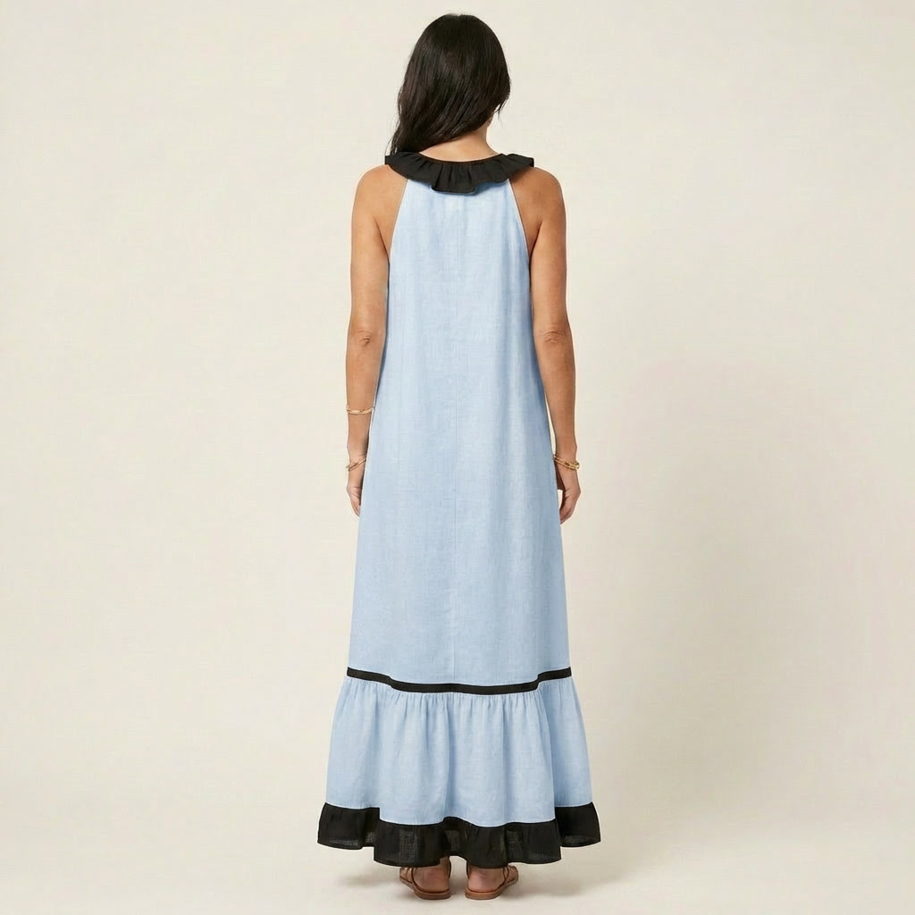 Mayline | Abito Maxi Senza Maniche con Rouches e Bordo a Contrasto