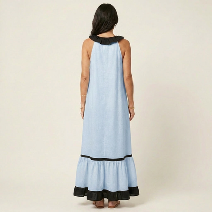 Mayline | Abito Maxi Senza Maniche con Rouches e Bordo a Contrasto