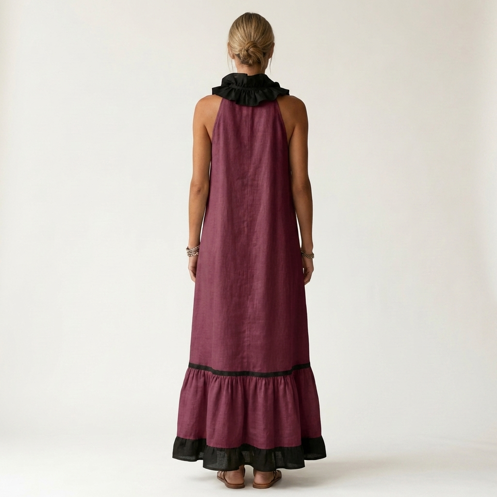 Mayline | Abito Maxi Senza Maniche con Rouches e Bordo a Contrasto