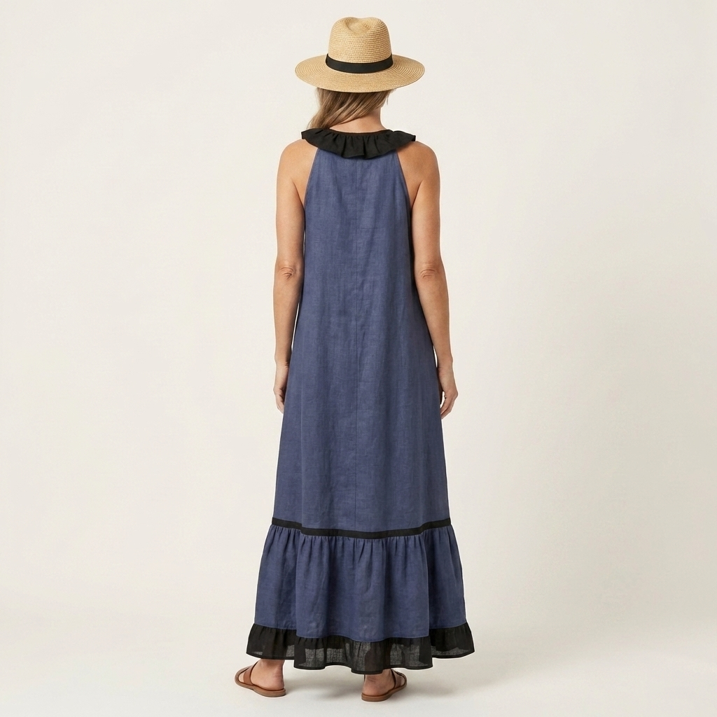 Mayline | Abito Maxi Senza Maniche con Rouches e Bordo a Contrasto