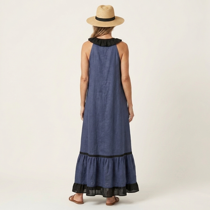 Mayline | Abito Maxi Senza Maniche con Rouches e Bordo a Contrasto