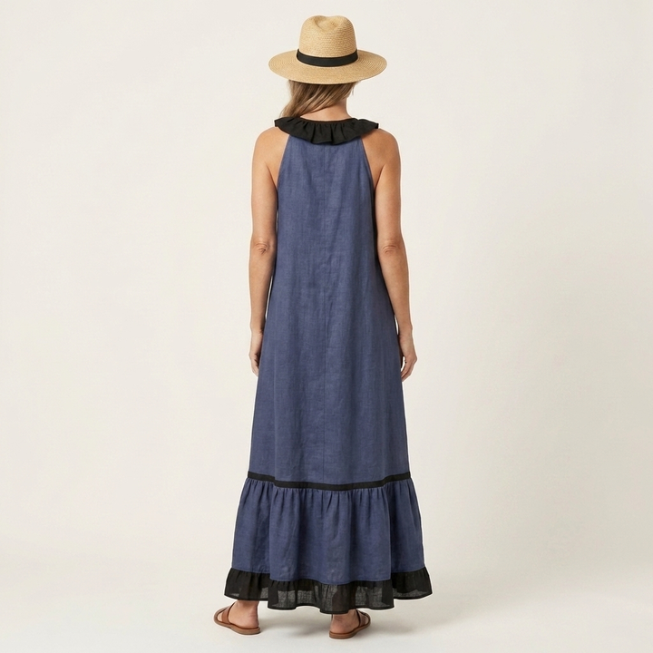 Mayline | Abito Maxi Senza Maniche con Rouches e Bordo a Contrasto