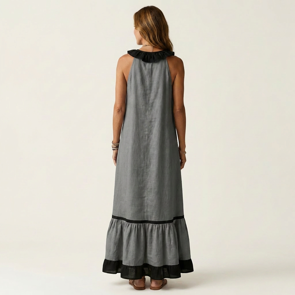 Mayline | Abito Maxi Senza Maniche con Rouches e Bordo a Contrasto