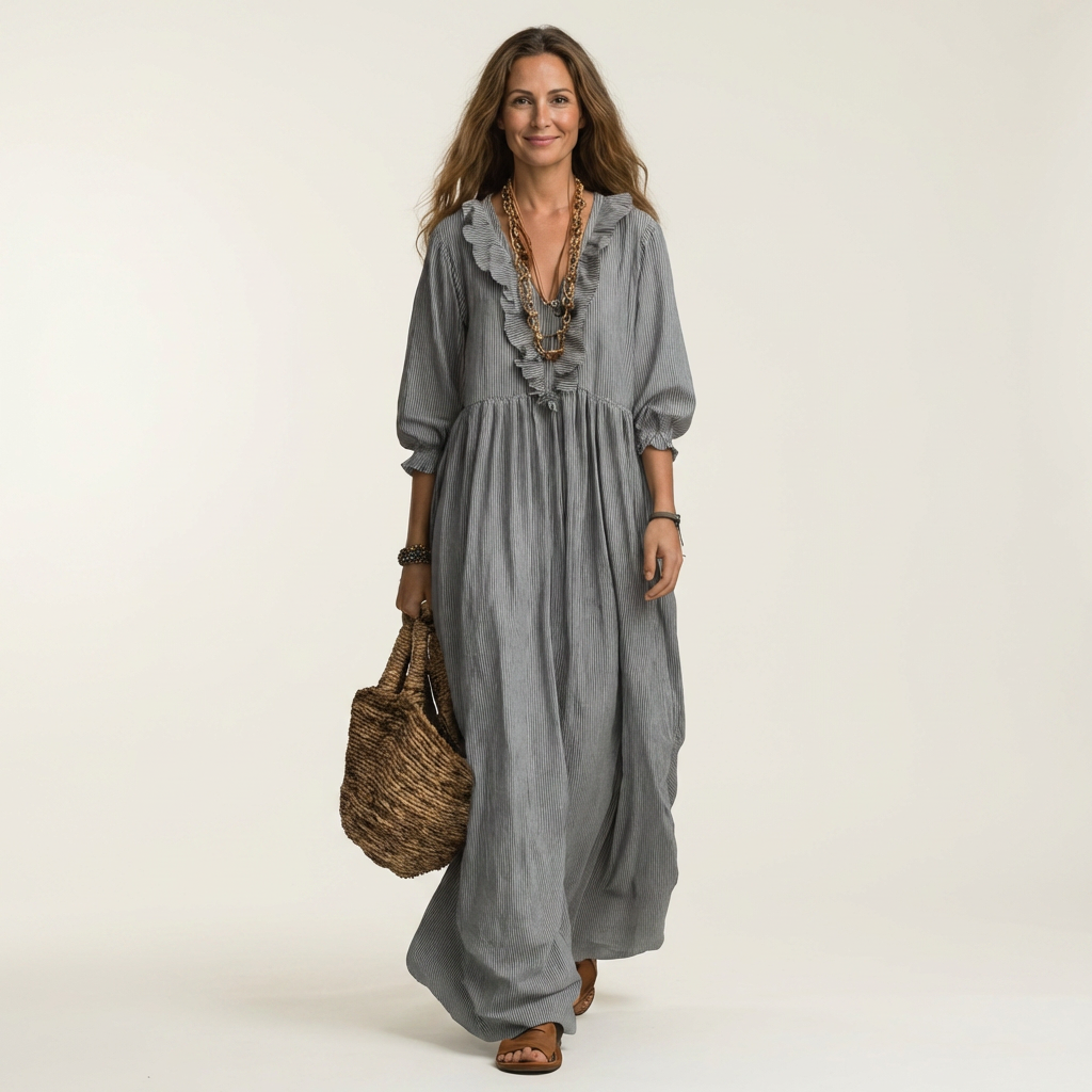 Yosetta | Abito Maxi a Righe con Maniche a Lanternino e Scollatura a V Ruffle