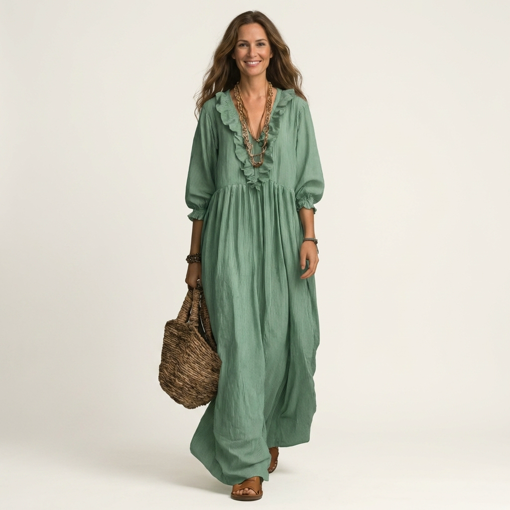 Yosetta | Abito Maxi a Righe con Maniche a Lanternino e Scollatura a V Ruffle