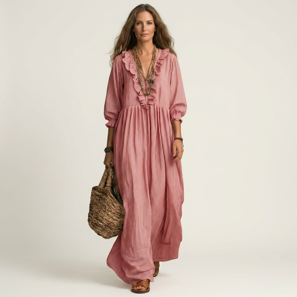 Yosetta | Abito Maxi a Righe con Maniche a Lanternino e Scollatura a V Ruffle
