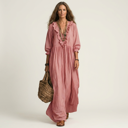 Yosetta | Abito Maxi a Righe con Maniche a Lanternino e Scollatura a V Ruffle