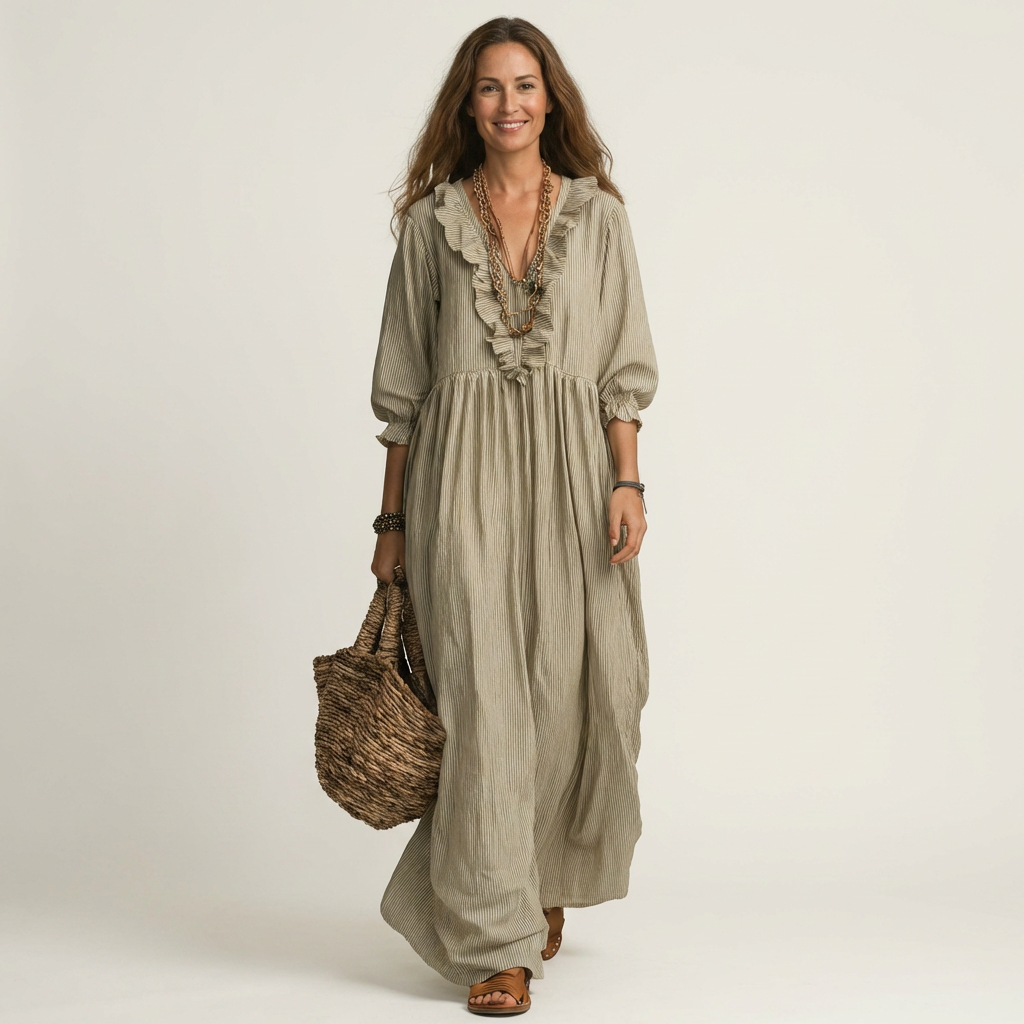 Yosetta | Abito Maxi a Righe con Maniche a Lanternino e Scollatura a V Ruffle