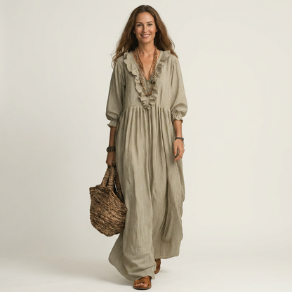 Yosetta | Abito Maxi a Righe con Maniche a Lanternino e Scollatura a V Ruffle