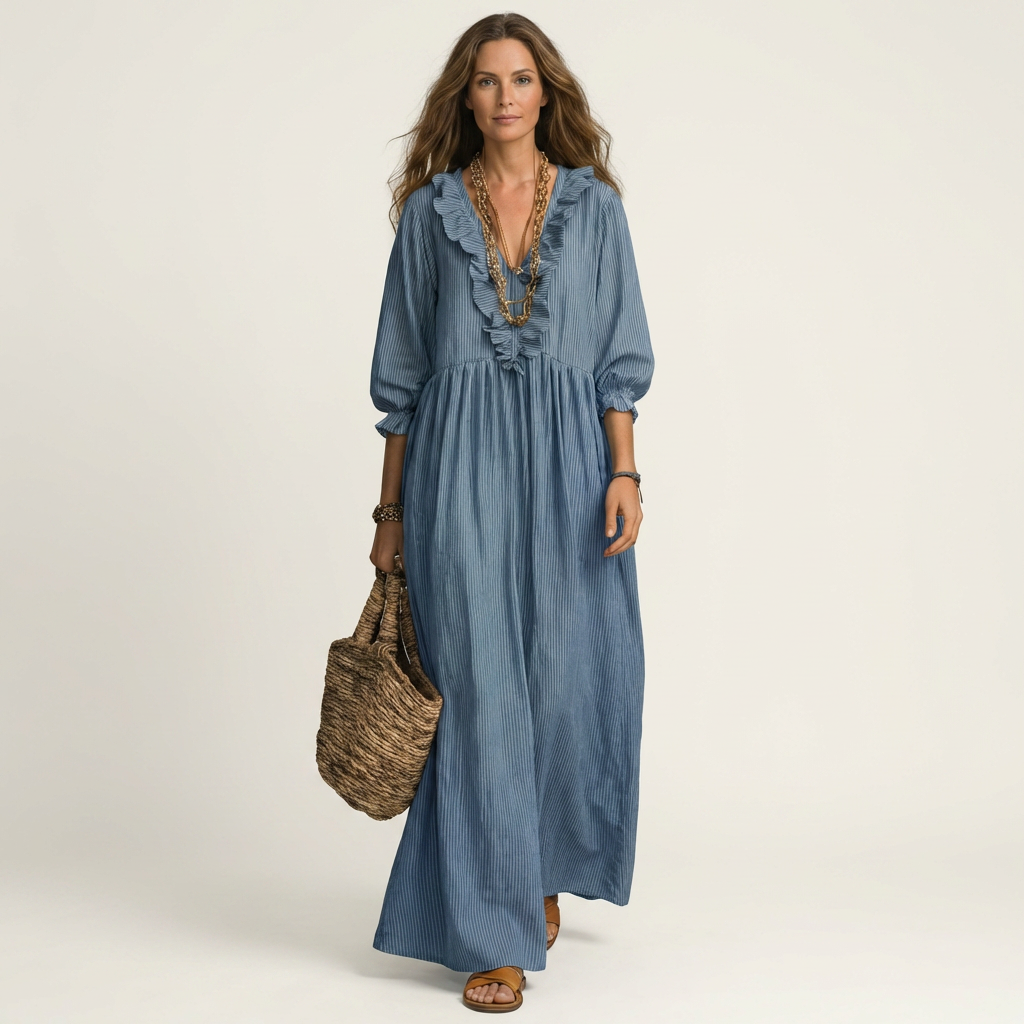 Yosetta | Abito Maxi a Righe con Maniche a Lanternino e Scollatura a V Ruffle