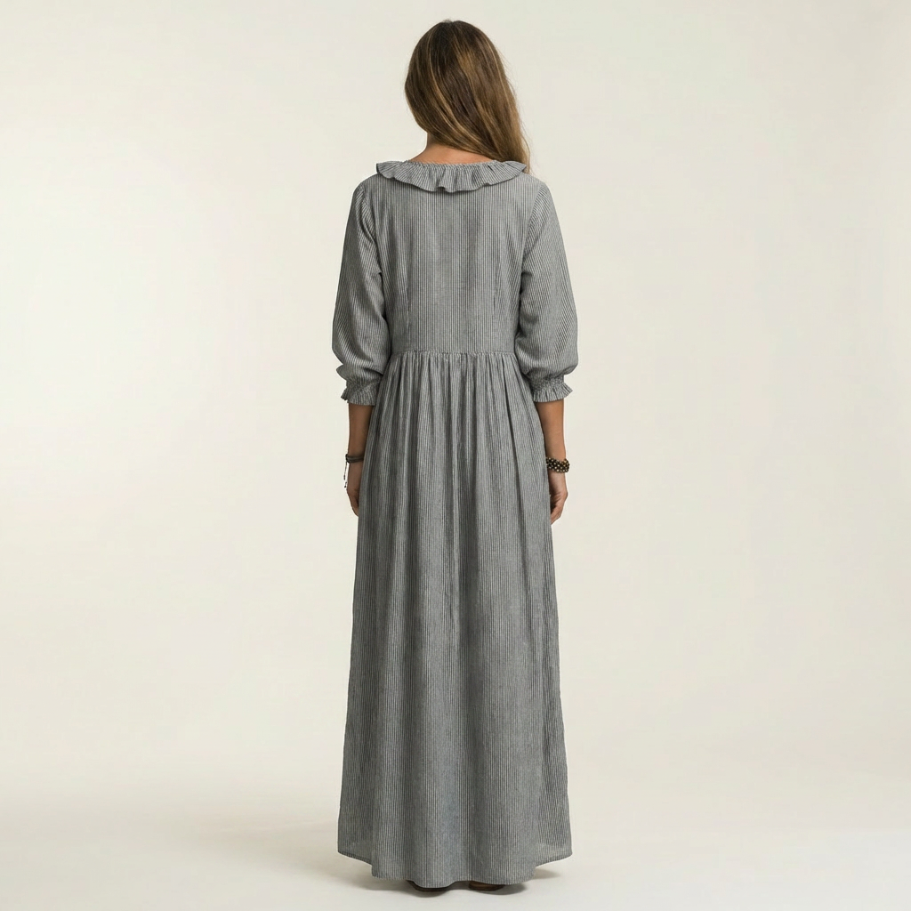 Yosetta | Abito Maxi a Righe con Maniche a Lanternino e Scollatura a V Ruffle