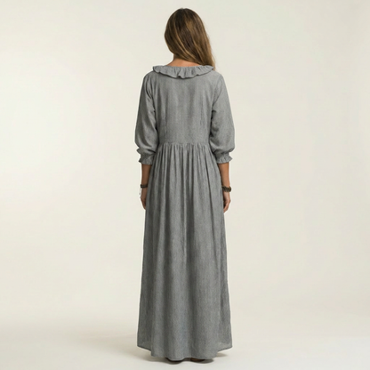 Yosetta | Abito Maxi a Righe con Maniche a Lanternino e Scollatura a V Ruffle