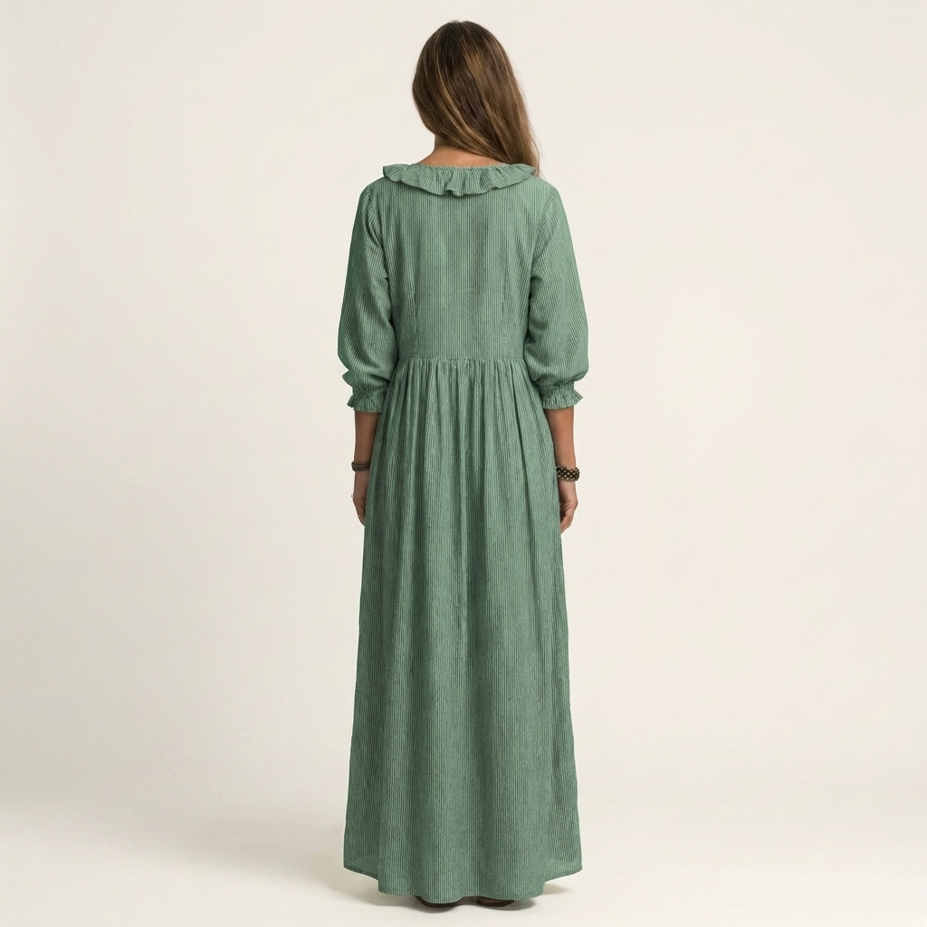 Yosetta | Abito Maxi a Righe con Maniche a Lanternino e Scollatura a V Ruffle