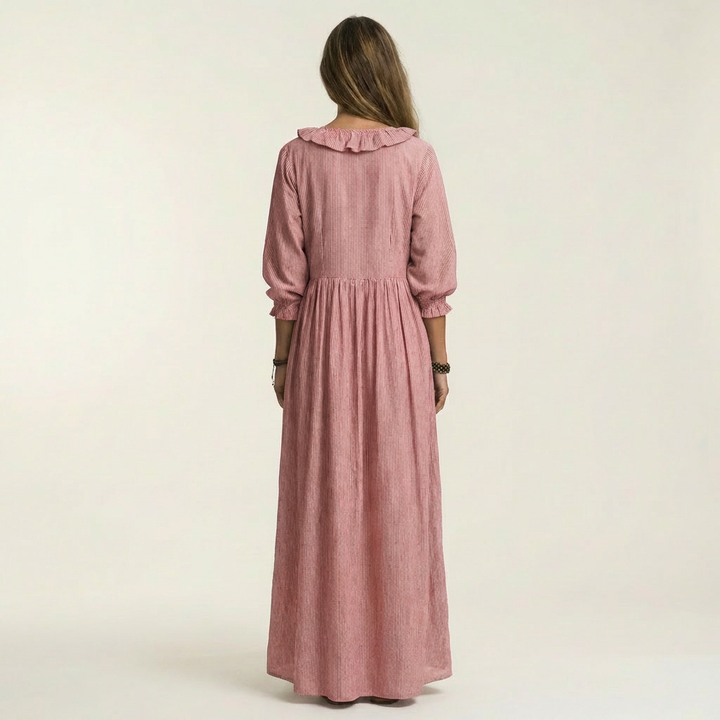 Yosetta | Abito Maxi a Righe con Maniche a Lanternino e Scollatura a V Ruffle