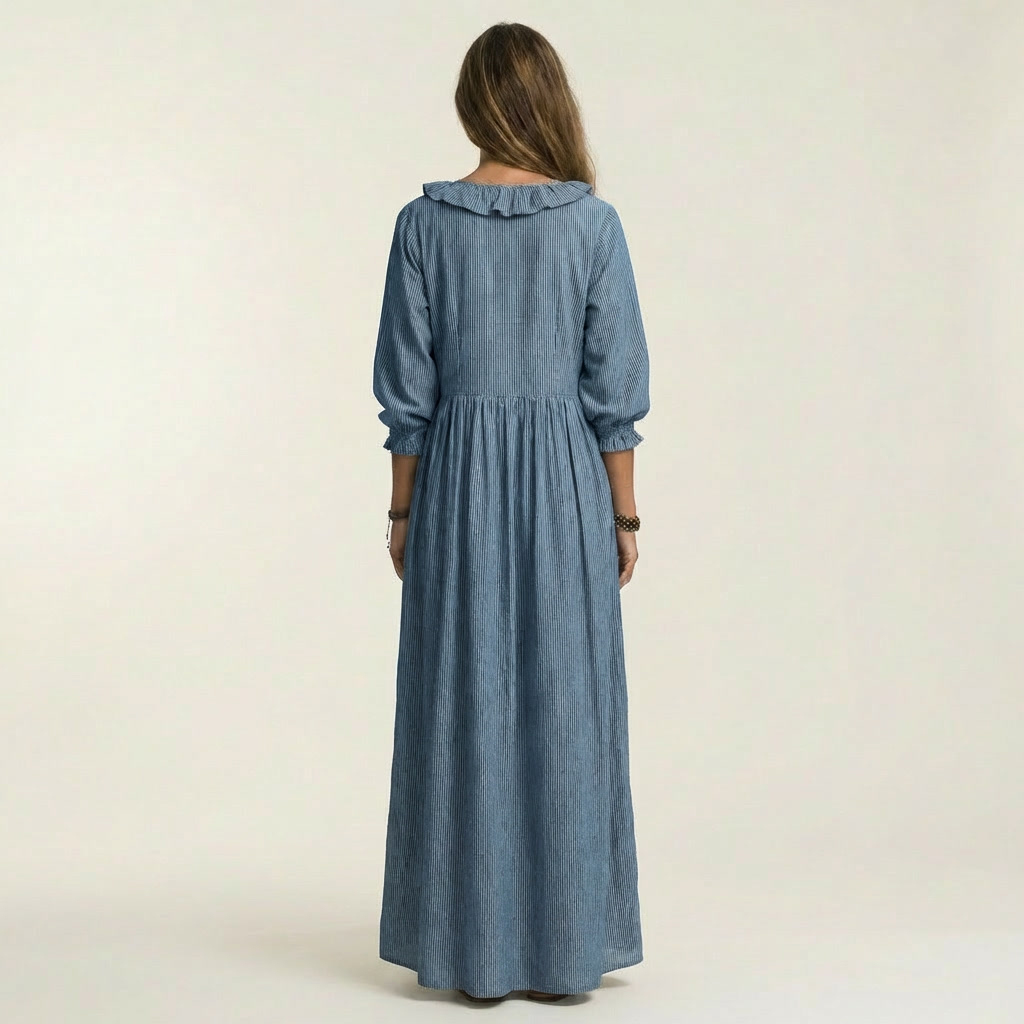 Yosetta | Abito Maxi a Righe con Maniche a Lanternino e Scollatura a V Ruffle
