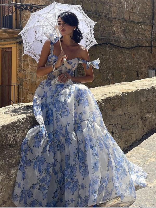 Abito Maxi con Spalline a Nastro e Stampa Floreale in Organza