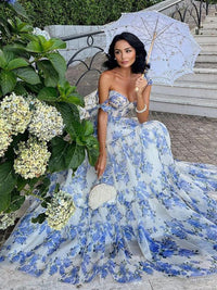 Abito Maxi in Organza con Stampa Floreale e Spalline Regolabili