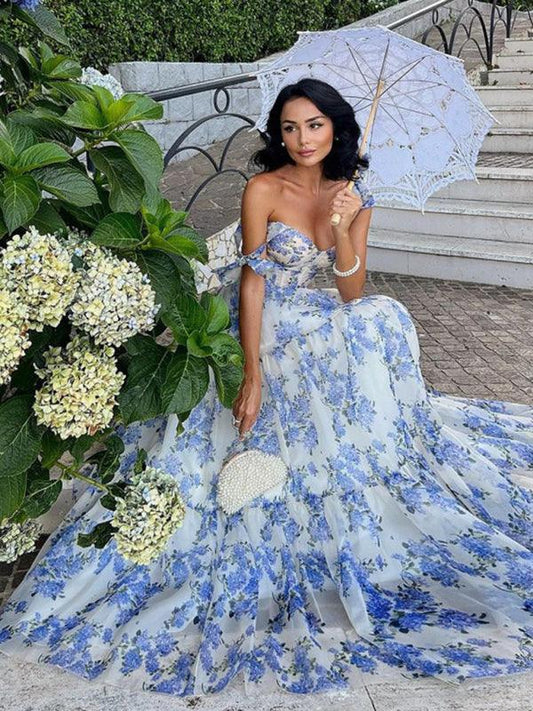 Abito Maxi in Organza con Stampa Floreale e Spalline Regolabili