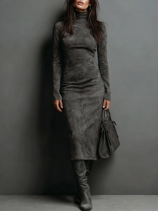 Abito Midi in Suede con Collo Alto e Maniche Lunghe