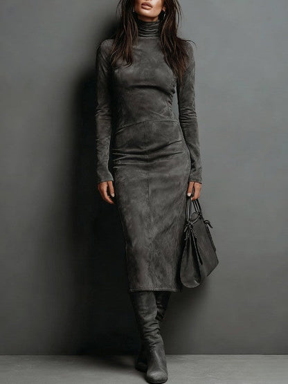 Abito Midi in Suede con Collo Alto e Maniche Lunghe