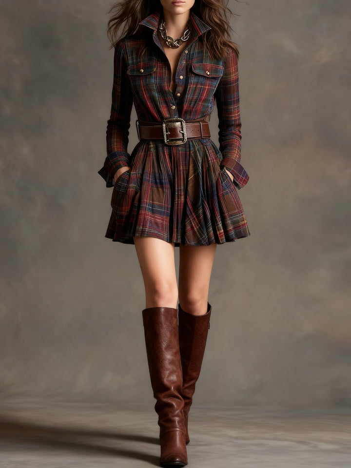 Vestito Mini a Quadri Vintage Rosso e Marrone (Include cintura)