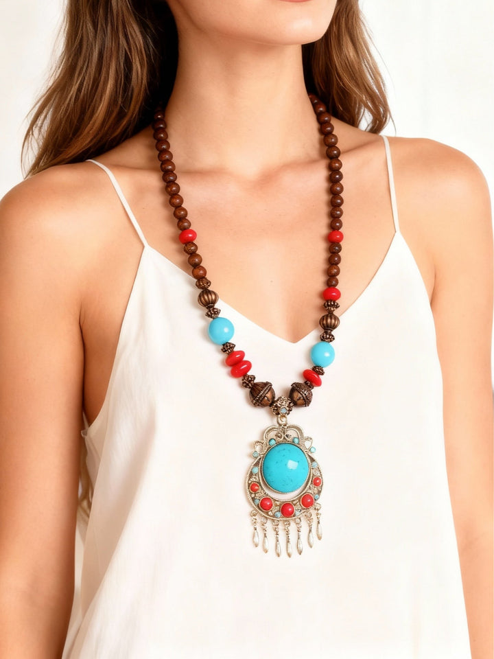 Collana in Perline di Riso Intrecciate Bohemien con Catena per Maglioni