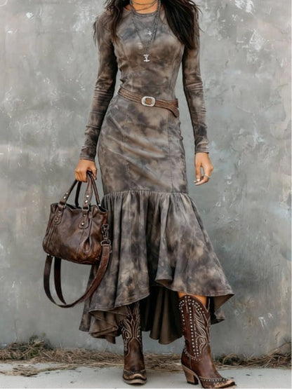 Abito Midi in Poliestere Vintage con Orlo a Campana (Include cintura)